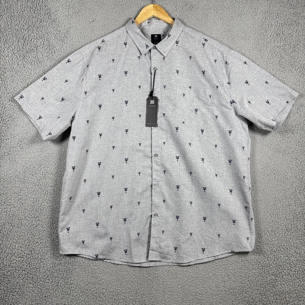 Visive Shirt Men Size 3XL Grey Lobster Print  Button Down Short Sleeve Slim Fit